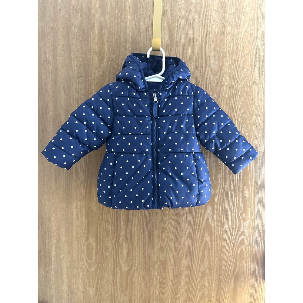 Healthtex Baby Puffer Coat | Navy, White Polka Dots 12M | Pockets